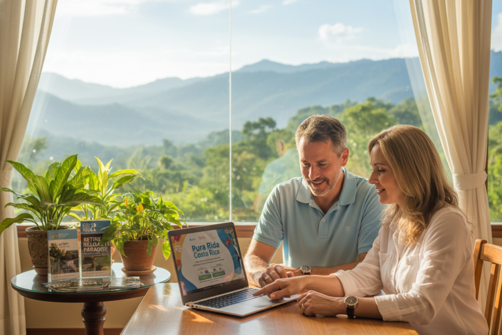 A vibrant scene showcasing the concept of parent-based residency in Costa Rica. In the foreground, a friendly, Caucasian couple dressed in business casual attire (polo and button-down shirts) are discussing residency options over a laptop displaying information about “Pura Vida Costa Rica.” In the middle ground, lush tropical plants and a small table adorned with educational brochures create an inviting atmosphere. The background features a bright, sunlit window revealing a scenic view of Costa Rica's stunning landscape—mountains and greenery under a clear blue sky. Use soft, natural lighting and a shallow depth of field to evoke a warm, welcoming mood, inviting potential residents to explore their options.
