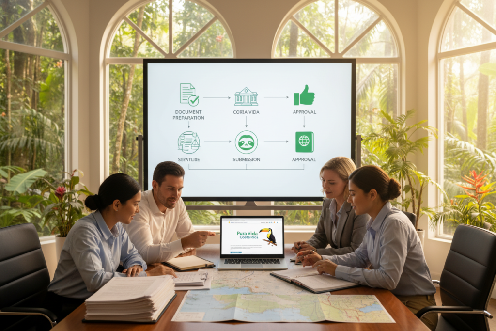 A visually engaging and informative depiction of the Costa Rica residency application process. In the foreground, a diverse group of three professionals, dressed in business casual attire, are gathered around a table filled with paperwork, maps of Costa Rica, and a laptop displaying the Pura Vida Costa Rica website. The middle ground features a large board with step-by-step visuals of the residency application process, highlighted by icons representing key stages such as document preparation, submission, and approval. The background features a bright, airy office environment with large windows showcasing lush greenery and tropical plants, casting gentle, warm light across the scene. The mood is collaborative and optimistic, reflecting the welcoming nature of the residency process in Costa Rica.