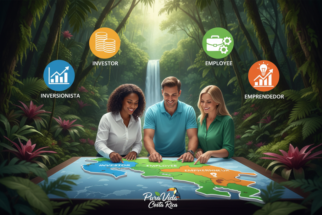 A visually engaging and informative illustration depicting the different work permit categories in Costa Rica, tailored for an article about residency and work rights. In the foreground, a group of three professionals, a Caucasian man and two women, dressed in business casual attire (polo and button-down shirts), are gathered around a large, colorful map of Costa Rica highlighting various regions and their corresponding work permit categories. In the middle, infographics or icons representing categories such as Investor, Employee, and Entrepreneur are artistically integrated into the design. The background features lush tropical foliage, symbolizing the vibrant environment of Costa Rica, under soft, natural lighting that creates a welcoming atmosphere. The logo "Pura Vida Costa Rica" subtly incorporated at the bottom enhances the theme while maintaining a clean composition.