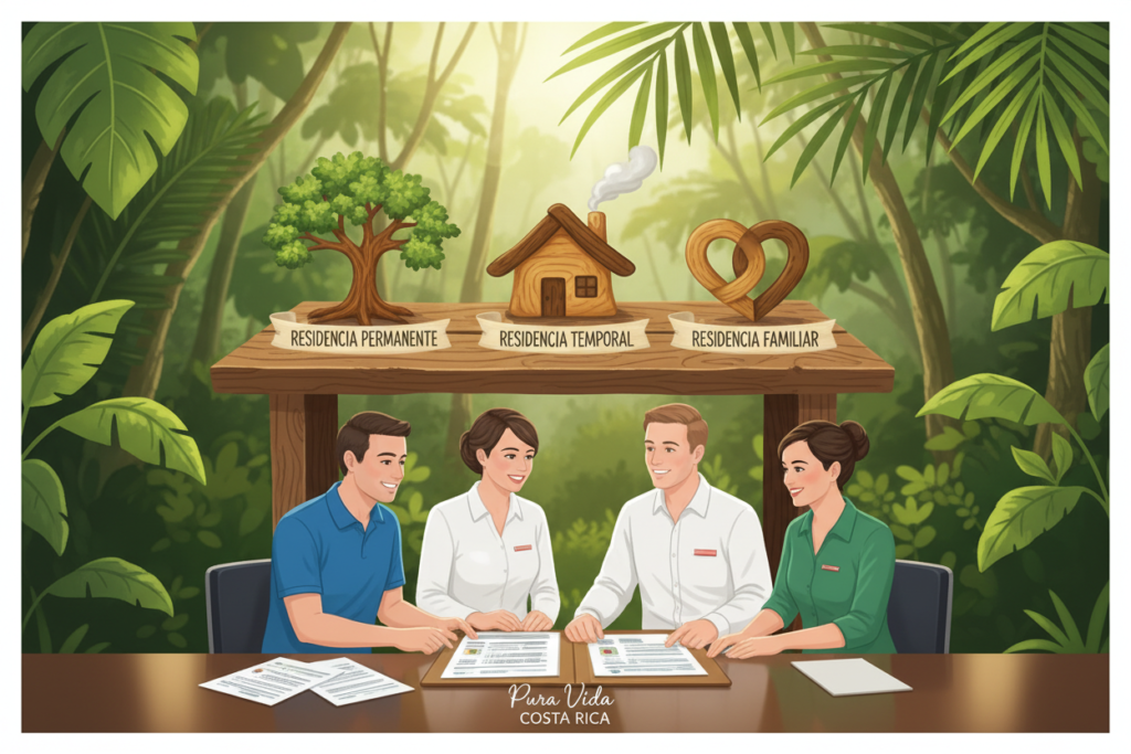 A visually engaging and informative illustration depicting various Costa Rica residency categories (Residencia en Costa Rica). The foreground features a diverse group of three Caucasian staff members dressed in professional business casual attire—a polo shirt and button-down shirt—discussing residency options, with an open folder displaying example residency documents. In the middle ground, include distinct symbols or icons representing different residency categories, like a tree for permanent residency, a house for temporary residency, and a heart for family residency, arranged on a rustic wooden table. The background shows lush greenery typical of Costa Rica, with soft natural light filtering through, creating a warm and inviting atmosphere. The brand name “Pura Vida Costa Rica” is subtly incorporated into the scene, enhancing the focus on residency categories without any text overlays or distractions.
