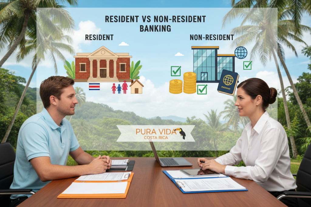 A visually engaging and informative scene depicting a contrast between resident and non-resident banking in Costa Rica. In the foreground, a Caucasian male and female in business casual attire (polo and button-down shirts) are discussing over a desk filled with financial documents. The middle ground shows a chart labeled "Resident vs Non-Resident Banking," with vibrant illustrations of bank buildings representing each category. In the background, a tropical Costa Rican landscape, complete with palm trees and a blue sky, sets a warm and inviting atmosphere. Soft, natural lighting highlights the scene, creating a feeling of accessibility and approachability. Prominently display the brand name “Pura Vida Costa Rica” in a tasteful manner, enhancing the context of the image without overpowering it.