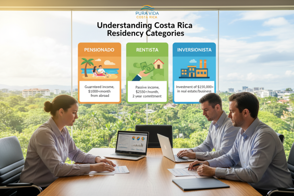 A visually engaging and informative scene depicting the "Understanding Costa Rica Residency Categories." In the foreground, three Caucasian professionals dressed in business casual attire, such as polo shirts and button-downs, are gathered around a table with documents and charts representing the Pensionado, Rentista, and Inversionista categories. The middle ground features a large colorful infographic illustrating key aspects of each residency category. The background showcases a bright and inviting Costa Rican landscape, with lush greenery and hints of urban architecture. Soft, natural lighting filters through a nearby window, creating a warm and welcoming atmosphere. The brand name "Pura Vida Costa Rica" is subtly integrated into the infographic. The image conveys professionalism and clarity while emphasizing the beauty of Costa Rica.
