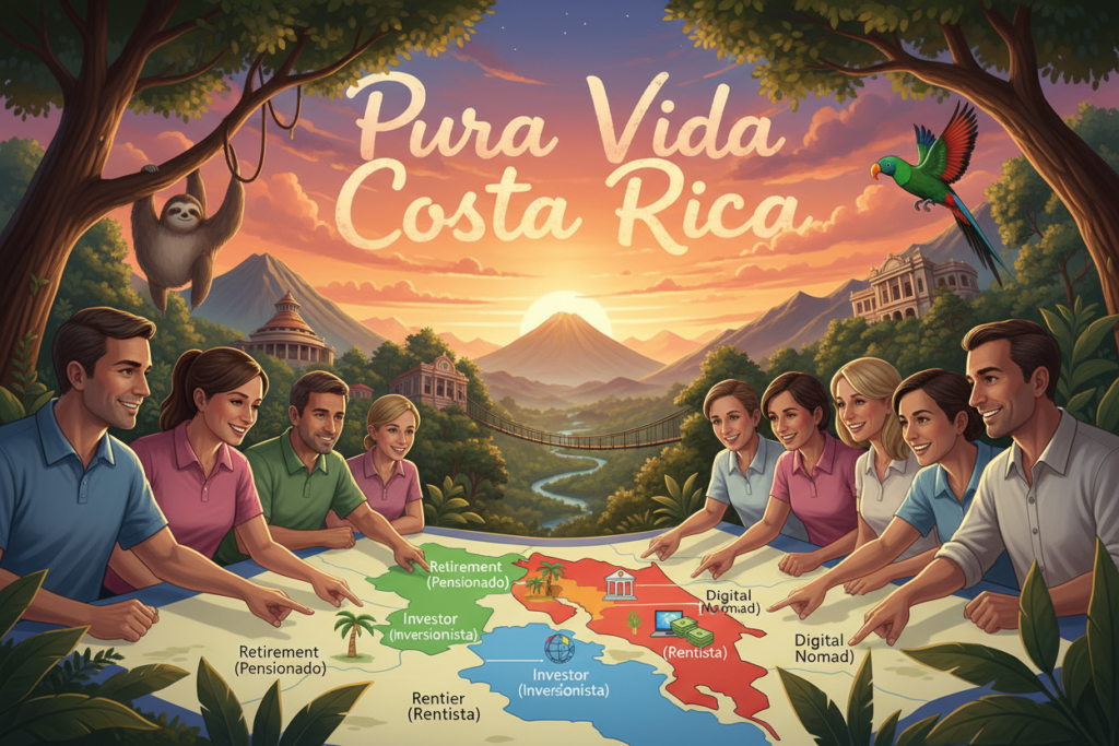 A visually engaging illustration depicting the various residency pathways in Costa Rica. In the foreground, a diverse group of Caucasian professionals, dressed in business casual attire (polo shirts and button-downs, no suit jackets or ties), are engaged in a discussion around a large, detailed map of Costa Rica highlighting different residency options. In the middle ground, lush tropical greenery and iconic Costa Rican landmarks can be seen, including a vibrant sunset sky that casts warm, golden light across the scene. In the background, the words "Pura Vida Costa Rica" are artistically integrated into the landscape without being text or captioned. The overall atmosphere is inviting and informative, reflecting a sense of exploration and opportunity. Capture the image with a slight upward angle to give a sense of aspiration and success.
