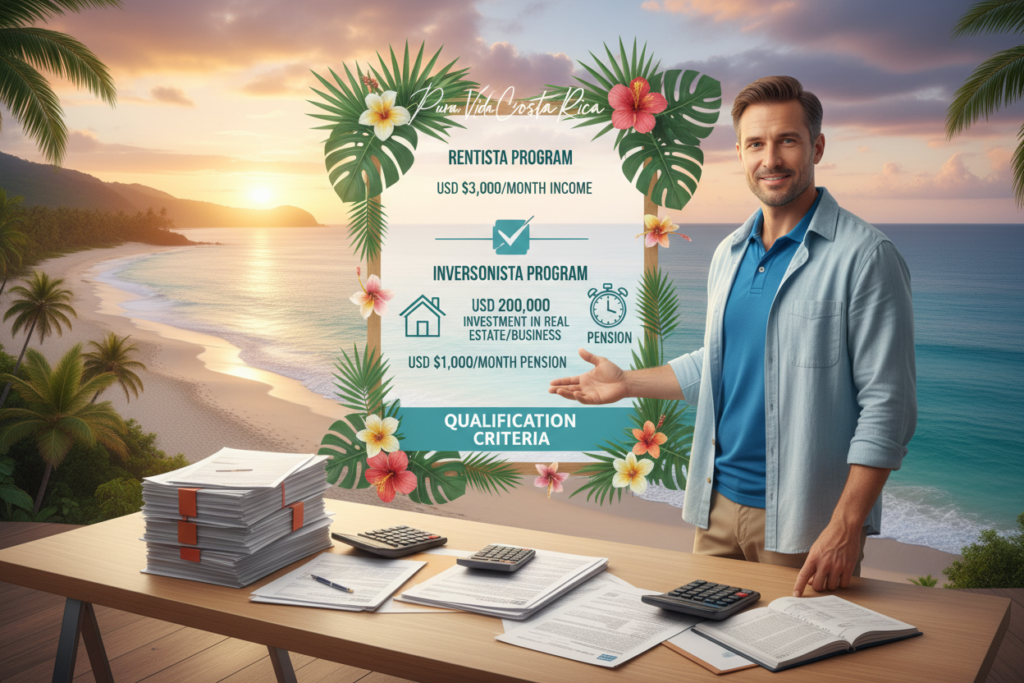 A visually engaging illustration of Costa Rica's residency financial thresholds, highlighting the criteria for qualification. In the foreground, a light-skinned professional in business casual attire (polo and button-down shirt) stands by a modern desk piled with financial documents and calculators, symbolizing readiness for residency. The middle section features a large, colorful infographic displaying key financial figures and benchmarks for residency, designed with tropical motifs inspired by Costa Rica's lush landscapes. In the background, a serene view of a Costa Rican coastline is visible, bathed in warm, golden sunlight to create an inviting and hopeful atmosphere. The overall mood is professional, yet approachable, emphasizing clarity and accessibility of information while integrating the brand name "Pura Vida Costa Rica" subtly in the design elements.