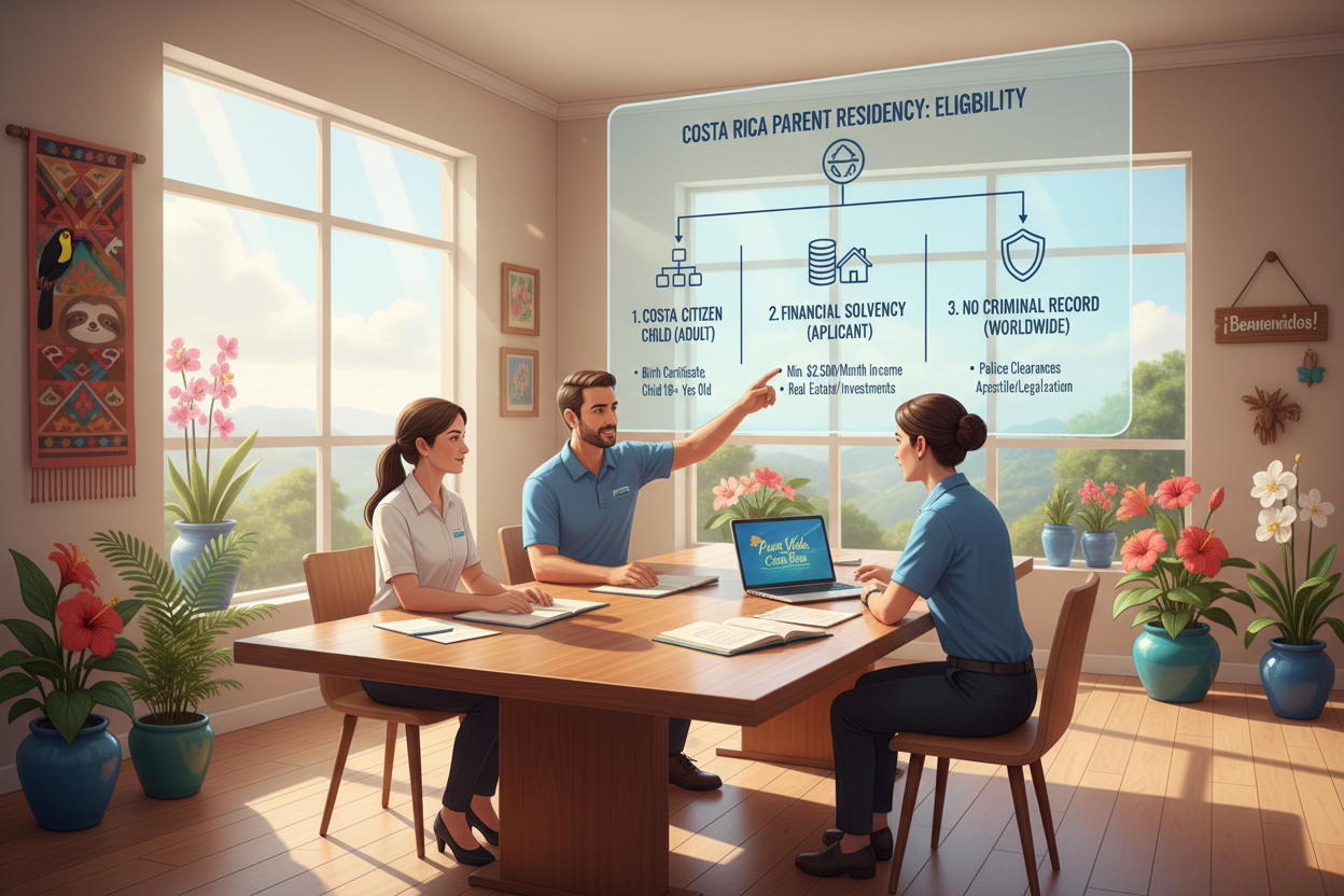 Visually engaging illustration representing the eligibility criteria for parent-based residency in Costa Rica