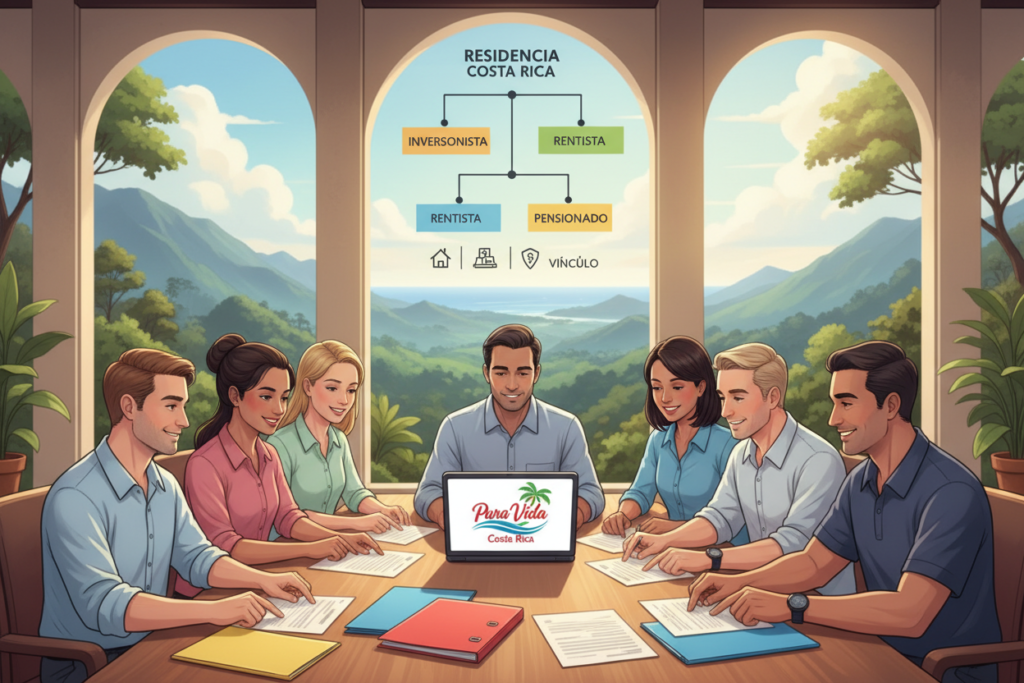 A visually engaging illustration representing the various categories of residency in Costa Rica, focusing on the "Investor Residency" theme. In the foreground, a diverse group of Caucasian professionals dressed in business casual attire, such as polo shirts and button-down shirts, are gathered around a large table filled with documents, colorful folders, and a laptop displaying the "Pura Vida Costa Rica" logo. In the middle background, a vibrant Costa Rican landscape with lush greenery and rolling hills creates an inviting atmosphere. Bright, natural lighting filters through expansive windows, creating a sense of openness and clarity. Ensure the mood is professional yet relaxed, reflecting the supportive nature of the residency process. No text or branding elements should be present in the image.