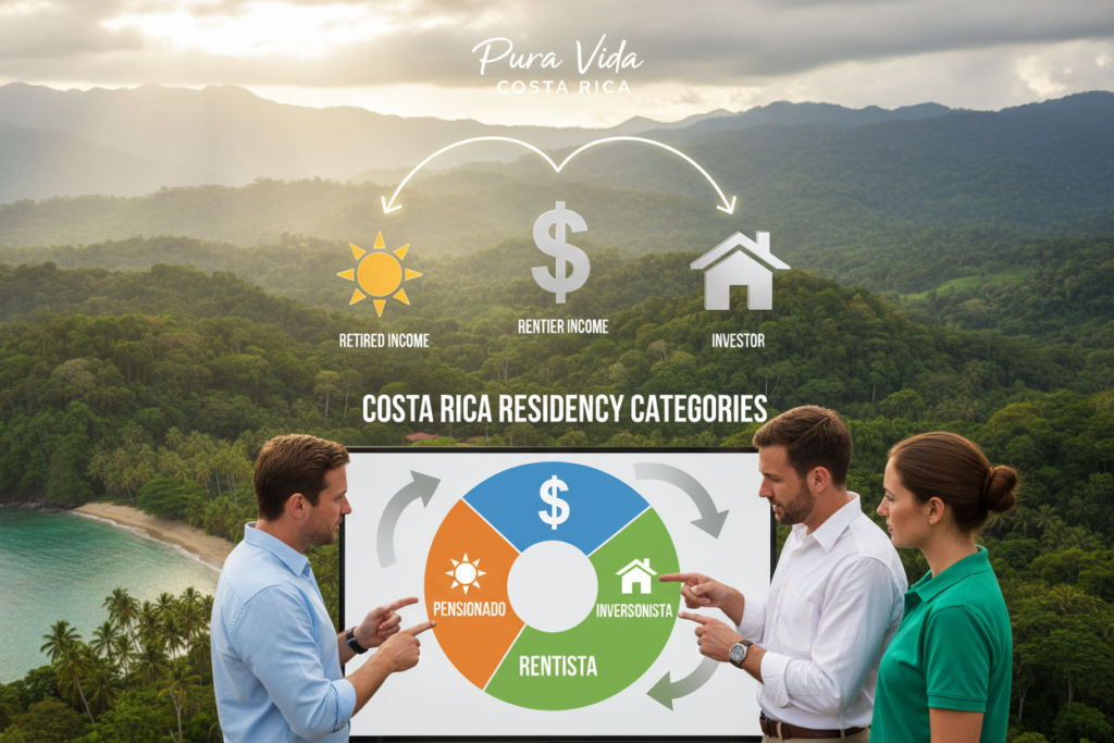 A visually engaging infographic illustrating the three key residency categories of Costa Rica - Pensionado, Rentista, and Inversionista. In the foreground, depict a diverse group of three Caucasian staff members in business casual attire (polos or button-down shirts) discussing a colorful chart that highlights each residency type. In the middle ground, symbols representing each category: a sun for Pensionado, a dollar sign for Rentista, and a house for Inversionista, all connected with arrows. The background features an inviting tropical landscape typical of Costa Rica, with lush greenery and distant mountains under soft, natural lighting. The overall atmosphere should be informative yet welcoming, embodying the spirit of "Pura Vida Costa Rica." The scene should be captured with a wide-angle lens to encompass the vibrant details and create a sense of openness.