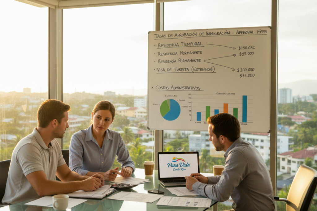 A visually engaging overview of immigration approval fees in Costa Rica, featuring a sleek and modern office environment. In the foreground, a diverse group of three Caucasian professionals in business casual attire—two men in polo shirts and one woman in a button-down blouse—are collaborating over a neatly arranged desk displaying documents and a laptop, with the logo "Pura Vida Costa Rica" subtly incorporated on the screen. The middle ground shows a whiteboard with key points highlighted about fees, while charts and graphics provide clarity. The background includes large windows letting in warm natural light, creating an inviting atmosphere. The tone is focused, informative, and professional, ideal for an article discussing immigration fees, all depicted with high-resolution detail.