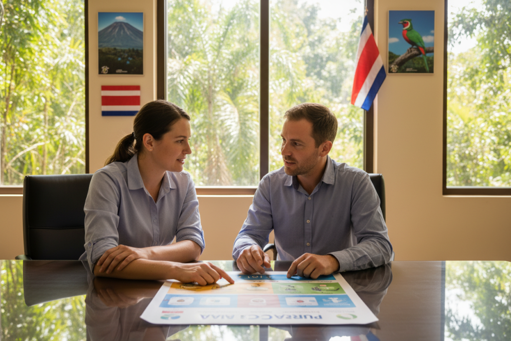 A visually engaging representation of Costa Rica residency categories, featuring a diverse group of two Caucasian individuals in professional business attire (polo/button-down shirt) discussing residency options at a modern, sunlit office setting. In the foreground, a clear table holds a detailed infographic or chart illustrating different residency categories, labeled "Pura Vida Costa Rica". In the middle ground, natural greenery visible through large windows enhances the tropical ambiance. The background includes decorative elements like a Costa Rican flag and scenic prints of Costa Rican landscapes, capturing the essence of living in Costa Rica. The lighting is bright and inviting, creating a productive yet relaxed atmosphere, with a focus on clarity and professionalism. The camera angle is slightly elevated to encompass the entire scene, emphasizing connectivity and engagement among the individuals.