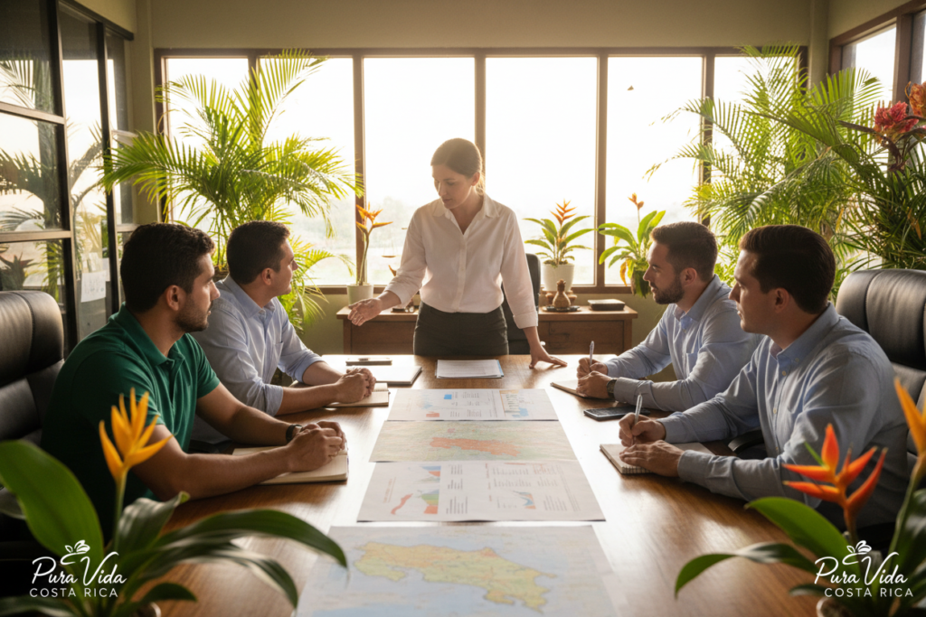 A visually engaging representation of Costa Rica residency options, showcasing a diverse group of professionals in business casual attire (polo and button-down shirts) gathered around a large wooden table. In the foreground, maps and charts of Costa Rica are displayed, alongside documents for residency applications. The middle ground features a female Caucasian consultant pointing at a map, while a male colleague takes notes. Surrounding them are lush green plants and colorful flowers, typical of Costa Rican tropical scenery. In the background, sunlight filters through large windows, illuminating the scene and creating a warm, inviting atmosphere. Prominently displayed in the workspace is the brand "Pura Vida Costa Rica" on decorative items. The image conveys a sense of collaboration and professionalism in a tranquil environment.