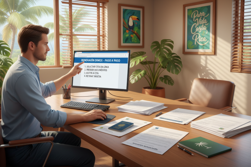 A visually engaging step-by-step guide illustrating the process for renewing an expired Costa Rica DIMEX residency card. In the foreground, a professional Caucasian staff member in business casual attire (polo/button-down shirt) is interacting with a computer, displaying a webpage about appointment steps. In the middle, a large table is covered with forms and documents related to residency requirements. The background shows a welcoming office environment with elements like palm trees and Costa Rican artwork, emphasizing the theme of Pura Vida Costa Rica. The lighting is bright and natural, casting soft shadows, creating an inviting and organized atmosphere. The composition is captured from a slightly elevated angle to provide clarity and detail without any text or distractions.
