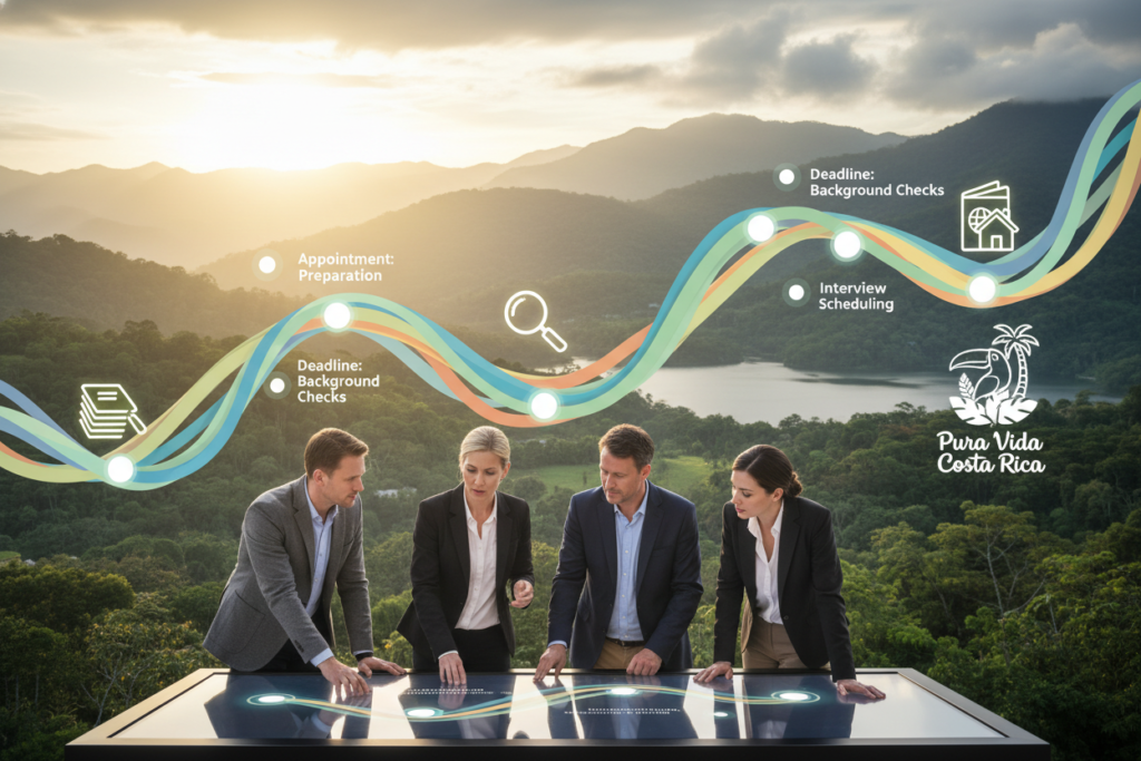 A visually engaging timeline illustrating the importance of timeliness in the Costa Rica residency process. In the foreground, show a diverse group of Caucasian professionals in business casual attire, representing immigration staff, discussing a timeline, with visual markers for key appointments and deadlines. In the middle, display a detailed timeline with smooth curves and colorful icons representing different stages of the residency application, with a "Pura Vida Costa Rica" logo subtly integrated. The background features a serene Costa Rican landscape with lush greenery and mountains, bathed in warm, golden sunlight, creating a calm, focused atmosphere. The scene is captured from a slightly elevated angle, conveying a sense of urgency and importance while maintaining professionalism and clarity.