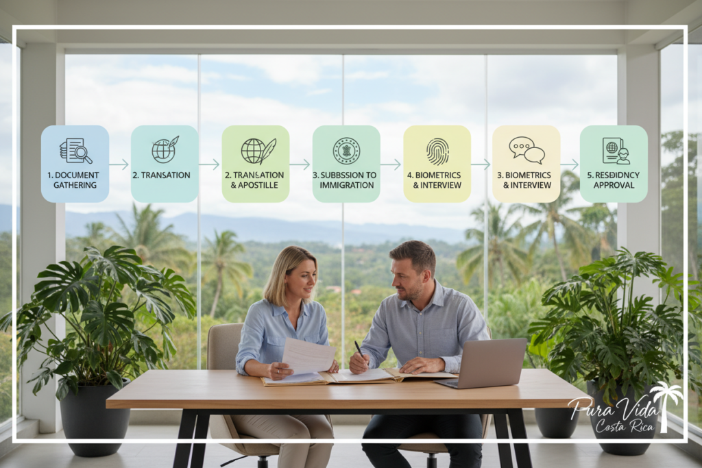 A visually informative representation of the Costa Rica residency process for spouses, featuring a sequence of clearly defined steps depicted in a flowchart-style layout. In the foreground, a diverse group of two Caucasian individuals in business casual attire (polo and button-down shirts) discusses residency paperwork at a modern office. In the middle, illustrated steps of the application process are arranged, each step visually distinct with icons and light background colors, symbolizing clarity and organization. In the background, an airy, well-lit office space with tropical plants and faint views of Costa Rican landscape through large windows evokes a welcoming atmosphere. The bottom right corner includes the brand name "Pura Vida Costa Rica" subtly integrated into the design, ensuring easy readability without overpowering the overall image.