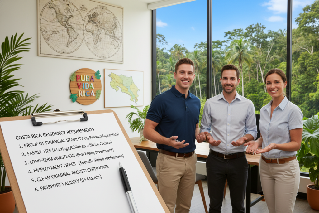 A visually organized image illustrating the eligibility criteria for Costa Rica residency, featuring a diverse group of Caucasian professionals in business casual attire (polos and button-down shirts). The foreground showcases a close-up of a well-structured checklist with various residency criteria, including financial stability, family ties, and long-term investment opportunities. In the middle, an inviting office setting displays a large map of Costa Rica, alongside a sign reading "Pura Vida Costa Rica" to evoke a sense of warmth and vibrancy. The background features a serene window view of tropical greenery and blue skies, symbolizing the ideal lifestyle in Costa Rica. Soft, natural lighting enhances the inviting atmosphere, with a shallow depth of field focusing on the checklist, creating an informative yet welcoming mood.
