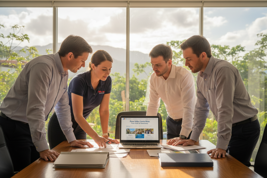 A visually striking image showcasing the concept of residency eligibility in Costa Rica, centered around a professional office setting. In the foreground, a diverse group of Caucasian staff members in business casual attire, such as polo shirts and button-downs, are engaged in a discussion about residency categories. Their expressions convey focus and determination. The middle ground features a polished wooden table with files, brochures, and a laptop displaying details about the "Pura Vida Costa Rica" residency program. In the background, large windows allow natural light to flood the room, creating a warm and inviting atmosphere. The composition should capture a sense of professionalism and hope, with soft lighting emphasizing the seriousness of the topic. The angle of the shot is slightly elevated, providing a clear view of both the staff members and the workspace.