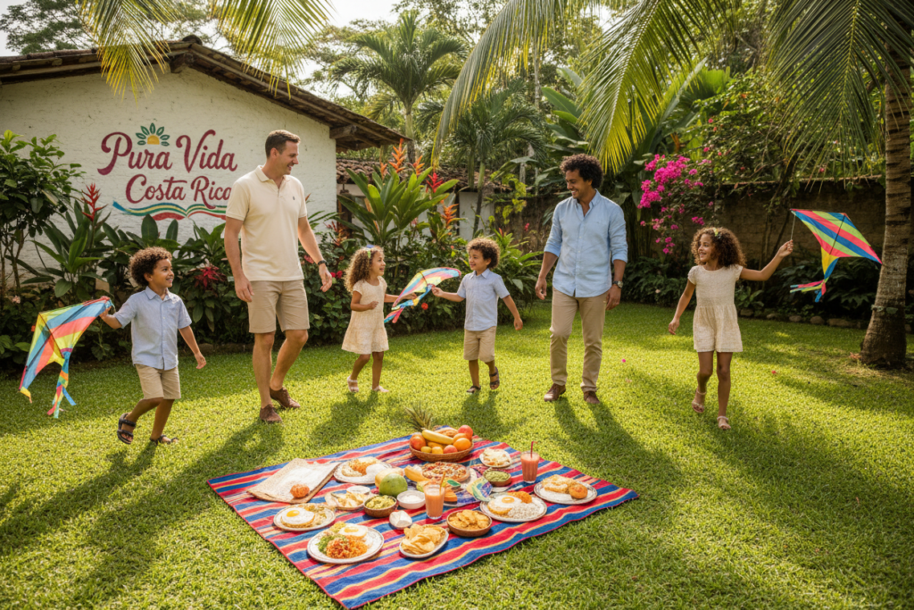A warm and inviting scene depicting family life in Costa Rica, centered around a cheerful multicultural family enjoying a sunny day in their beautifully landscaped backyard. In the foreground, a Caucasian couple dressed in business casual attire (polo shirts and button-downs) play with their children, who are laughing and chasing each other with colorful kites. In the middle, a small picnic area is set up on a vibrant woven blanket, showcasing traditional Costa Rican foods. The background features lush greenery, vibrant tropical flowers, and a glimpse of a rustic home with "Pura Vida Costa Rica" painted on the wall. Soft sunlight filters through the leaves, creating dappled light, enhancing the joyful and relaxed atmosphere. The angle is slightly elevated to capture both the family interaction and the beauty of their surroundings.