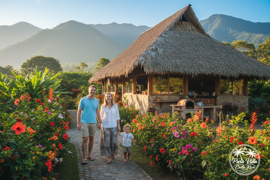 A warm, inviting scene of an expat family in Costa Rica, capturing the essence of their experience. In the foreground, a Caucasian couple in business casual attire (polo and button-down shirts), gently holding hands while walking with their young child near a lush tropical garden filled with vibrant flowers. The middle ground features a traditional Costa Rican home with a thatched roof and surrounded by greenery, depicting a sense of community. In the background, a bright blue sky and distant mountains gently bathed in golden sunlight evoke warmth and joy. The mood is uplifting, reflecting the beauty of family life in a new culture, with a subtle logo of "Pura Vida Costa Rica" incorporated into the design. Ensure the lighting is soft and inviting, capturing the essence of life in Costa Rica.