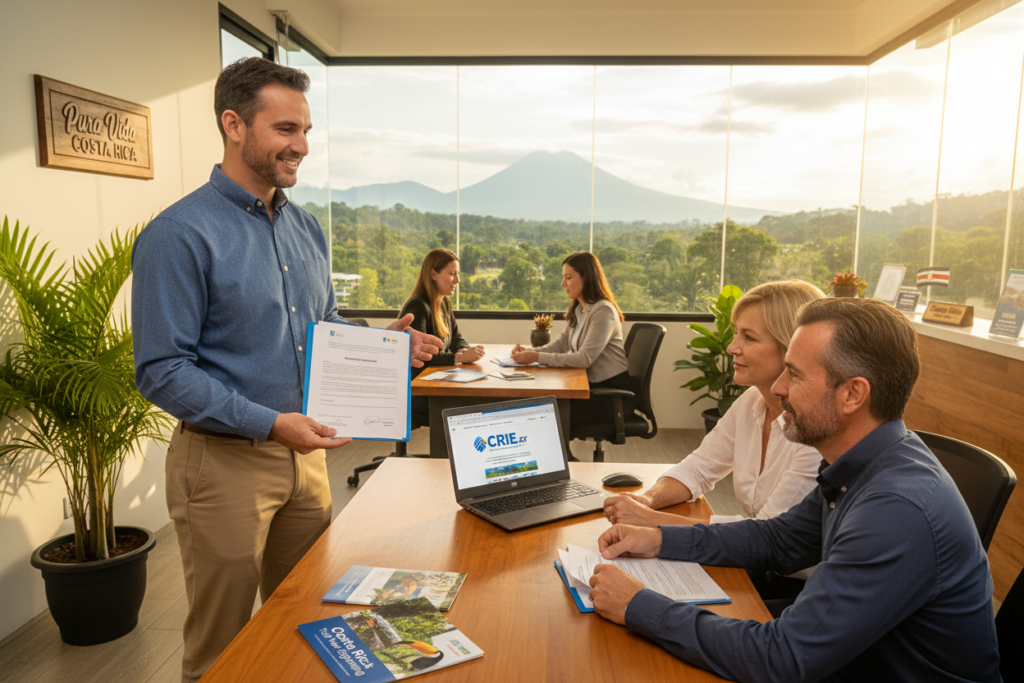 A welcoming office scene representing Costa Rica residency guidance, featuring a diverse group of Caucasian staff in business casual attire, engaging with clients. In the foreground, a friendly consultant shares documents related to residency applications, with a warm smile and approachable demeanor. In the middle, a desk displays brochures and a laptop, open to the CRIE (CRIE.cr) website, emphasizing the expert guidance provided. The background showcases vibrant green plants and a scenic view of Costa Rican landscapes through a large window, brightened by natural sunlight. The atmosphere is professional yet inviting, with a sense of reassurance and support. The brand name "Pura Vida Costa Rica" is subtly integrated into the office decor, enhancing the atmosphere of tranquility and optimism.