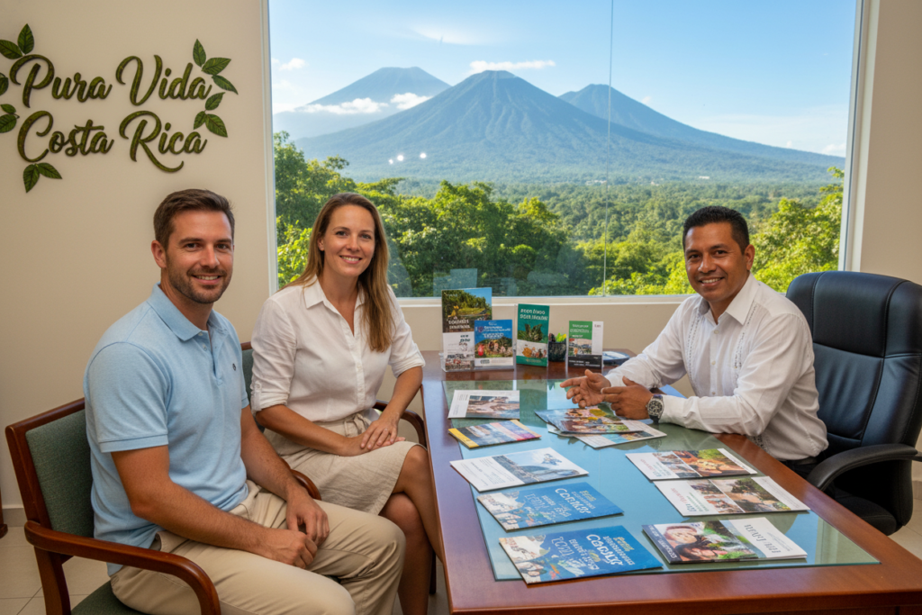 A welcoming office space in Costa Rica, showcasing the theme of residency options. In the foreground, a Caucasian couple dressed in business casual attire (polo shirts and button-downs) converses with a friendly male consultant at a desk, colorful brochures about Costa Rican residency scattered around. In the middle ground, a large window reveals a vibrant tropical landscape with lush greenery and distant mountains, emphasizing the allure of living in Costa Rica. The background features a wall adorned with the brand name "Pura Vida Costa Rica". Soft, natural lighting fills the room, creating a warm and inviting atmosphere, evoking a sense of hope and possibility for families considering relocation. The angle captures a slightly elevated perspective for a more expansive view of the environment.