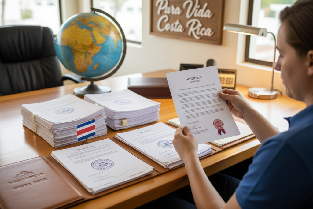A well-lit office setting showcasing a professional workspace preparing crucial documentation for Costa Rica residency. In the foreground, a Caucasian staff member of mixed gender, dressed in business casual attire (polo/button-down shirt), is holding an official apostille document with a focused expression. In the middle, several neatly arranged paperwork stacks include translation documents marked with an official seal and a Costa Rican flag subtly placed among them. Background elements include a globe highlighting Costa Rica and a framed sign that reads "Pura Vida Costa Rica" mounted on the wall. The lighting is warm and inviting, creating an atmosphere of professionalism and diligence, with a slight depth of field effect emphasizing the documents while keeping the background slightly blurred.