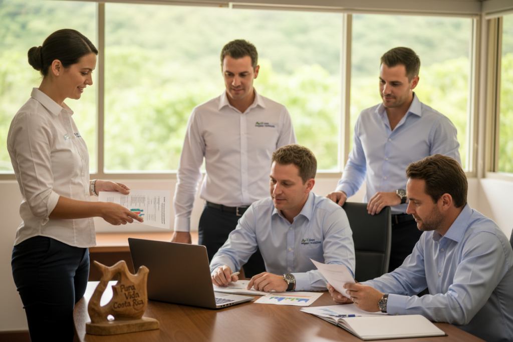 A well-lit office space featuring a diverse group of Caucasian professionals in business casual attire, such as polo shirts and button-downs, discussing eligibility requirements for Costa Rica residency. In the foreground, a confident woman is presenting documents and charts on a laptop, engaging her colleagues with a smile. In the middle, two men are reviewing a checklist of qualifications and requirements on a table, displaying focused expressions. The background showcases a large window with views of lush Costa Rican greenery, bringing a vibrant natural ambiance into the space. Soft, warm lighting creates an inviting atmosphere, while the brand name "Pura Vida Costa Rica" is subtly integrated into a decorative piece on the desk. The overall mood is professional yet relaxed, encapsulating the essence of working in Costa Rica.