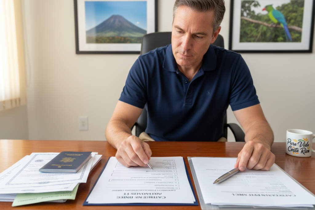 A well-organized Costa Rica residency document checklist displayed prominently on a sleek wooden desk. In the foreground, a neatly arranged stack of essential documents including identification papers, proof of income, and आवेदन forms, all clearly visible. A pen lies next to the documents, symbolizing readiness. In the middle ground, a business casual Caucasian professional, dressed in a polo shirt, thoughtfully reviews the checklist, embodying a sense of focus and determination. The background features a softly lit office space with Costa Rican-themed decor, enhancing the context. The overall mood is one of professionalism and preparedness, reflecting the importance of thoroughness in gathering documents for residency. The brand “Pura Vida Costa Rica” subtly incorporated on a small decorative item in the office.
