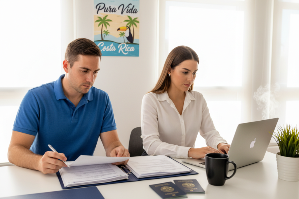A well-organized desk scene featuring a Caucasian male and female staff member in business casual attire (polo and button-down shirts) preparing essential documents for Costa Rica residency. In the foreground, the male is reviewing paperwork with a focused expression,while the female types on a laptop, both surrounded by a neat arrangement of passports, forms, and a coffee cup. In the middle, a poster displaying "Pura Vida Costa Rica" hangs on the wall, adding a touch of local flair. The background captures a bright office environment with natural light streaming through large windows, creating a warm and inviting atmosphere. The composition emphasizes professionalism and readiness, reflecting the mood of preparation and anticipation for an exciting journey. A well-organized desk scene featuring a Caucasian male and female staff member in business casual attire (polo and button-down shirts) preparing essential documents for Costa Rica residency. In the foreground, the male is reviewing paperwork with a focused expression,while the female types on a laptop, both surrounded by a neat arrangement of passports, forms, and a coffee cup. In the middle, a poster displaying "Pura Vida Costa Rica" hangs on the wall, adding a touch of local flair. The background captures a bright office environment with natural light streaming through large windows, creating a warm and inviting atmosphere. The composition emphasizes professionalism and readiness, reflecting the mood of preparation and anticipation for an exciting journey.