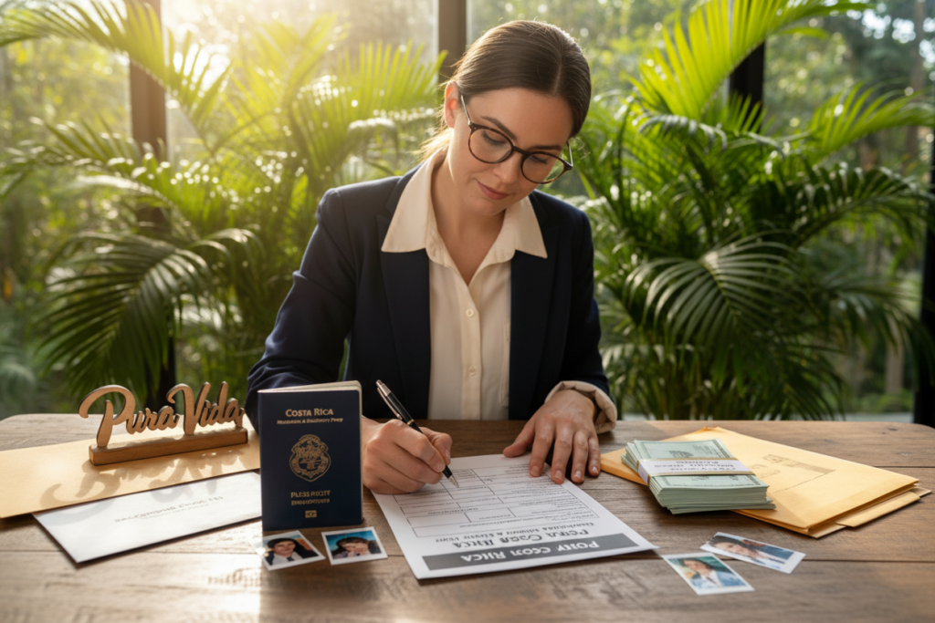 A well-organized document preparation checklist for “Costa Rica” is prominently displayed on a wooden table in a sunlit environment. In the foreground, a Caucasian woman in business casual attire, wearing a light-colored button-down shirt, carefully reviews a checklist. In the middle, various documents and items needed for residency, such as a passport, proof of income, and photographs, are neatly arranged around her, conveying a sense of organization. In the background, soft tropical plants hint at the lush Costa Rican landscape. The lighting is bright and natural, with sunny rays filtering in to create a warm and inviting atmosphere. This scene embodies the essence of the phrase "Pura Vida Costa Rica," emphasizing preparation for a new chapter in a vibrant setting.