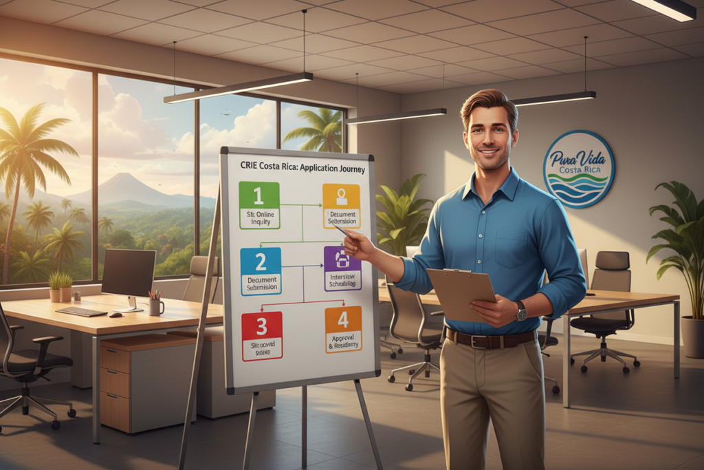 A well-organized, step-by-step guide illustration showcasing the application process through CRIE in Costa Rica. The foreground features a friendly Caucasian staff member in business casual attire, holding a clipboard and pointing to a large, colorful flowchart that outlines the application steps. In the middle ground, depict a modern office setting with a large window showing a lush Costa Rican landscape, adding a bright and welcoming atmosphere. The background should include the logo of "Pura Vida Costa Rica" on the wall. The lighting is warm and inviting, with soft shadows and a focus on clarity. The angle is slightly elevated to give a comprehensive view of the scene, capturing the essence of professionalism and approachability.