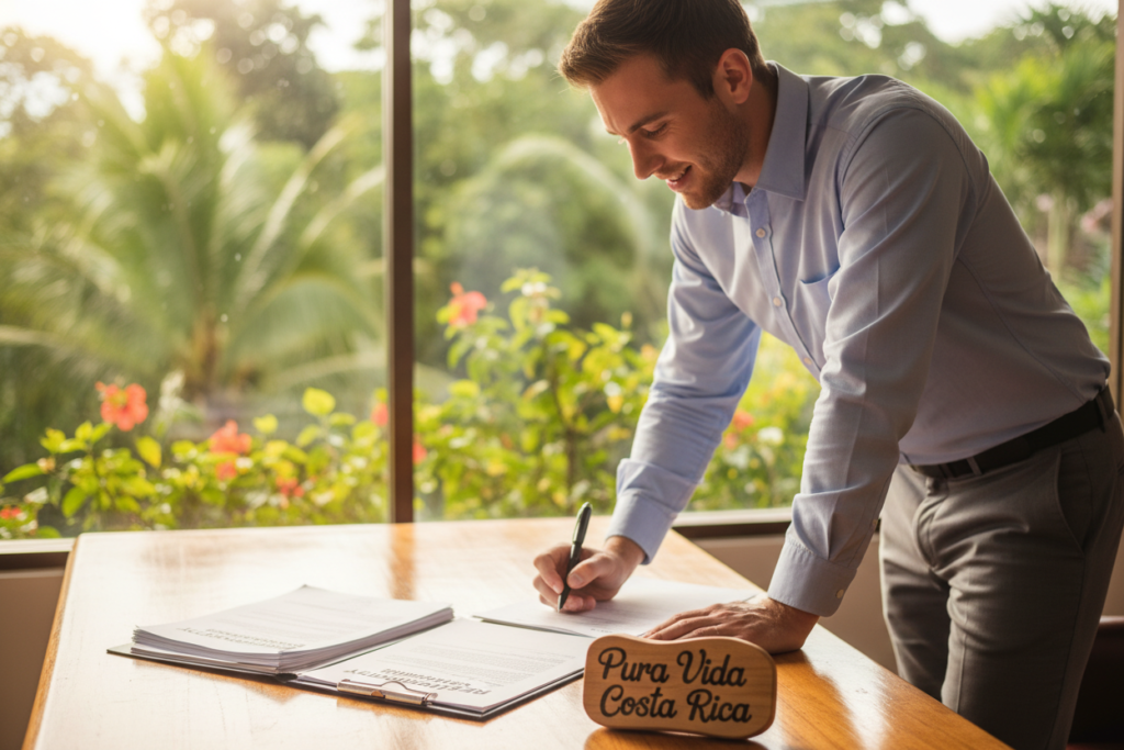 A well-organized workspace showcasing the requirements for obtaining residency in Costa Rica, featuring a clean wooden desk with a stack of official documents labeled "Residency Requirements", alongside a pen and a filled-out application form. In the foreground, a Caucasian professional staff member, dressed in a modest button-down shirt and business casual attire, is reviewing the documents while taking notes. The background includes a soft-focus view of lush tropical plants representing Costa Rica's vibrant nature, with natural sunlight filtering through a window to create a warm atmosphere. The desk also has a small sign saying "Pura Vida Costa Rica" to emphasize the context. The overall mood is focused and informative, capturing the essence of a step-by-step guidance session.