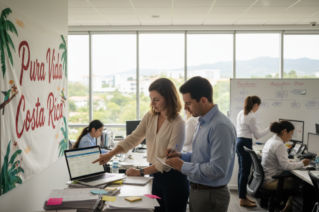An illuminated office setting showcasing a vibrant open space, filled with a diverse group of professional individuals. In the foreground, a Caucasian woman and man, dressed in business casual attire, are actively engaged in reviewing documents and preparing residency applications. The woman is pointing at a detailed checklist on her laptop, while the man takes notes on a notepad. The middle ground features various legal documents, colorful post-it notes, and a large banner with "Pura Vida Costa Rica" prominently displayed. In the background, large windows allow natural light to flood in, creating a warm and inviting atmosphere. The scene should convey a sense of teamwork, professionalism, and clarity, emphasizing the step-by-step process of preparing for residency.