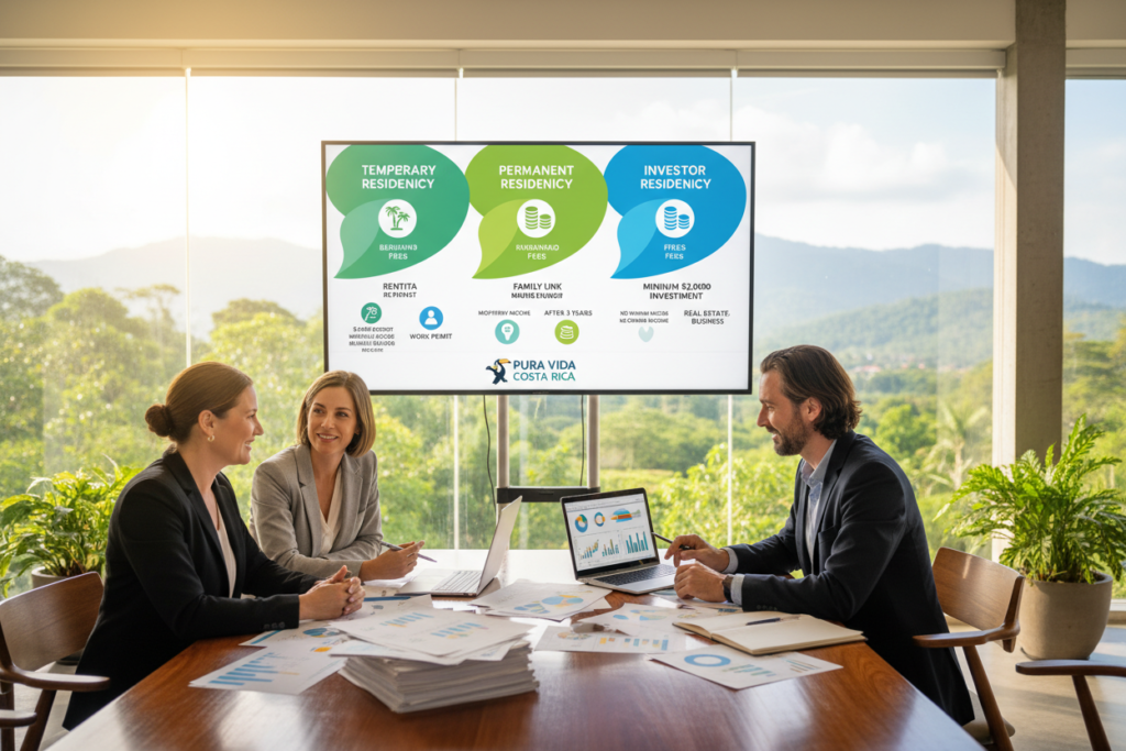 An informative and visually engaging overview of Costa Rica residency categories and associated fees. In the foreground, a diverse group of three Caucasian professionals, dressed in business casual attire, are gathered around a sleek table cluttered with documents, graphs, and charts illustrating the residency categories. The middle ground features a large, colorful infographic displaying various residency types, such as temporary, permanent, and investor categories, each with visual icons representing fees and benefits. The background encompasses a modern office space with large windows allowing natural light to flood in, creating a warm and inviting atmosphere. The overall mood is professional yet approachable, with a hint of the vibrant Costa Rican culture. Include the brand name "Pura Vida Costa Rica" subtly integrated into the design to emphasize the focus on residency in this beautiful country.
