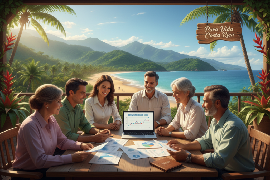 An inviting and informative scene depicting the concept of Costa Rica pension income requirements. In the foreground, a diverse group of professionals in business casual attire, including polo shirts and button-downs, are engaged in a discussion around a table with financial documents and a laptop. Their expressions reflect a sense of hopeful anticipation. In the middle ground, a vibrant Costa Rican landscape with lush greenery, mountains, and clear skies enhances the atmosphere. The background showcases iconic elements of Costa Rica, such as a peaceful beach or tropical flora. The image is bathed in warm, golden afternoon sunlight, creating a welcoming and optimistic mood. Subtly incorporate the brand name "Pura Vida Costa Rica" in the scene, ensuring it aligns harmoniously with the overall composition.
