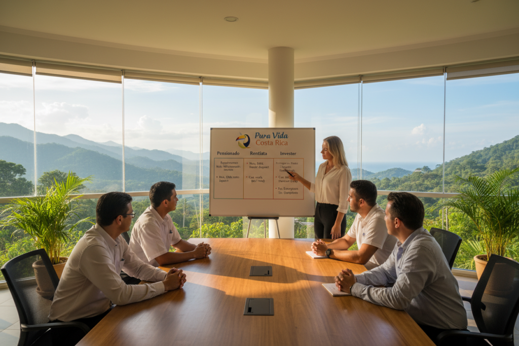An inviting, sunlit office space in Costa Rica, showcasing a professional meeting environment. In the foreground, diverse staff members of varying ethnic backgrounds in business casual attire—polo shirts and button-downs—discuss residency options, including Pensionado, Rentista, and Investor categories. In the middle ground, a detailed chart or visual aid displays the benefits and requirements for each residency option. The background features large windows with views of lush green landscapes typical of Costa Rica, emphasizing the country's natural beauty. Soft, warm lighting creates a welcoming atmosphere, with a focus on collaboration and opportunity. Include subtle branding elements showcasing “Pura Vida Costa Rica” on a presentation board. Use a wide-angle lens perspective to capture the full essence of the room and its occupants.