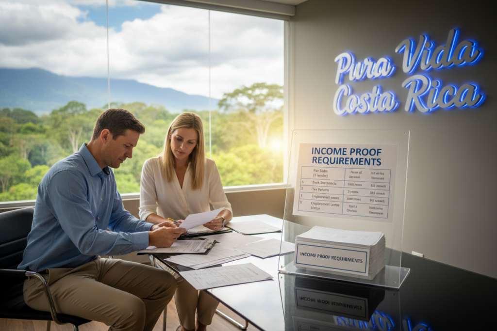 An office setting that emphasizes professionalism with a focus on eligibility criteria for income proof. In the foreground, a Caucasian male and female staff member, dressed in business casual attire, are reviewing documents on a sleek table scattered with forms and financial statements. The middle section features a chart and a stack of papers labeled "Income Proof Requirements", illuminated by soft, warm lighting to create a welcoming atmosphere. In the background, a window reveals a glimpse of Costa Rica's lush greenery, symbolizing the country's beauty. Prominently displayed is the brand name "Pura Vida Costa Rica" on a modern sign on the wall. The overall mood is informative and professional, with a hint of tropical warmth, captured using a slightly angled view for depth.