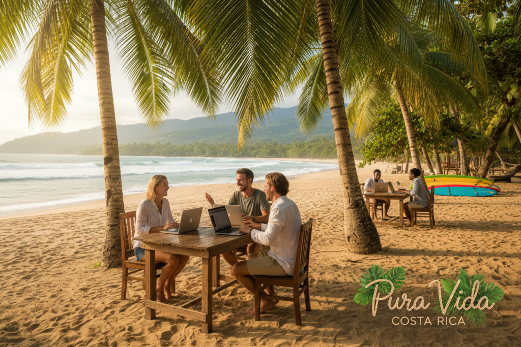 An overview of Costa Rica's residency options for remote workers, illustrating a vibrant co-working space on a beach with a tropical landscape in the background. In the foreground, a diverse group of three Caucasian remote workers, dressed in smart casual attire, are engaged in discussion at a wooden table with laptops. Sunlight filters through palm trees, casting a warm glow on the scene. The middle ground features a beautiful beach with gentle waves and surfboards propped against palm trees, showcasing the relaxed, yet productive lifestyle in Costa Rica. The atmosphere conveys a sense of community, focus, and idyllic work-life balance. In the corner, subtly integrated into the environment, the brand name "Pura Vida Costa Rica" appears, blending seamlessly with the tropical surroundings. The overall mood is inspiring and inviting, perfect for illustrating the appeal of residency for remote workers in this beautiful country.