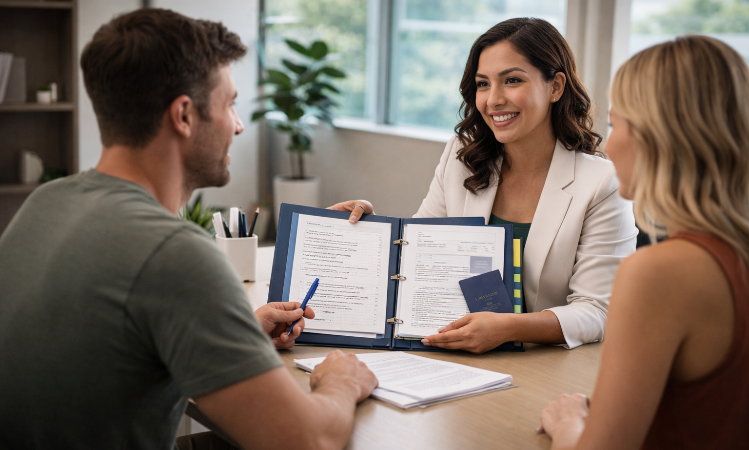 CRIE-style immigration consultation in a modern Costa Rica office with an advisor reviewing a residency file with a couple.
