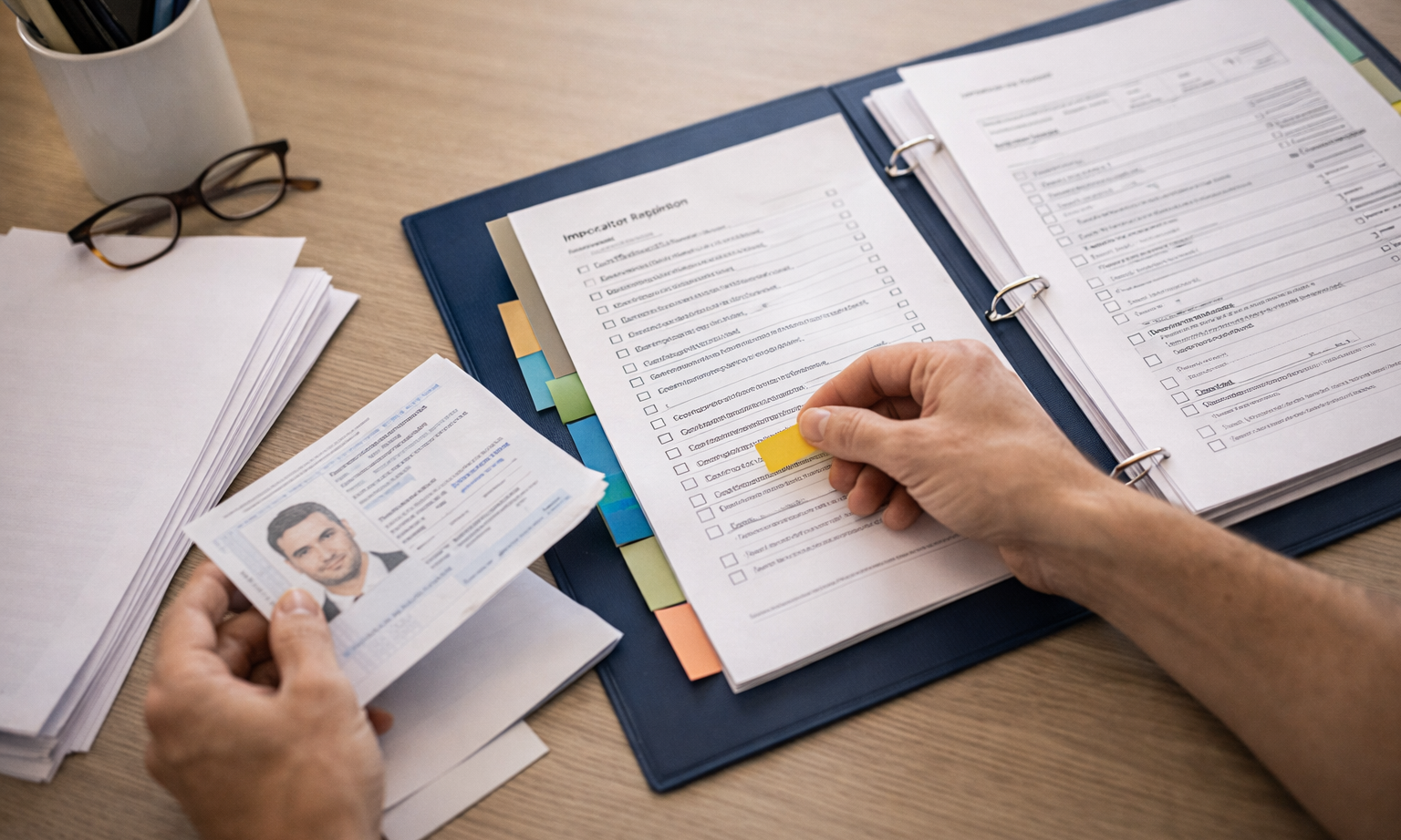 Close-up of hands organizing immigration documents in a labeled folder with tabs, representing CRIE’s structured process.