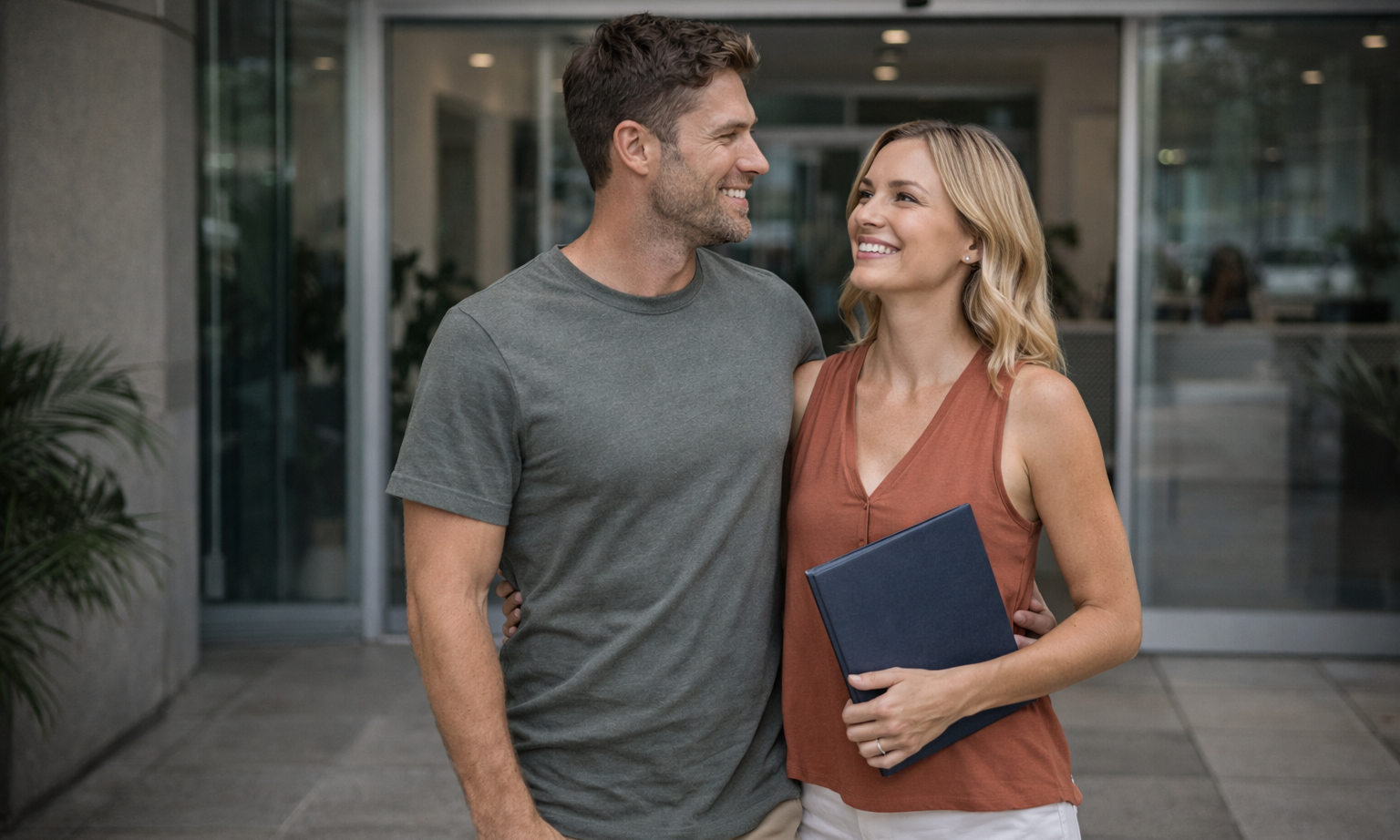Couple outside a modern Costa Rica office holding a document folder, representing confidence after starting a residency process with CRIE.