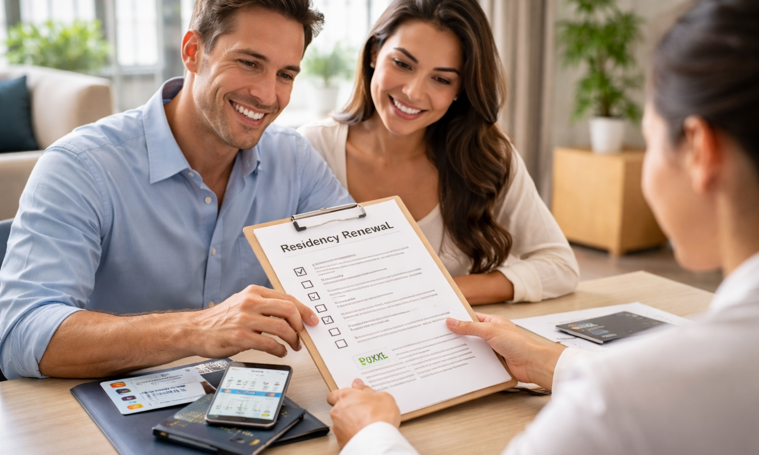 Couple meeting with an advisor in a Costa Rica office while reviewing a residency renewal checklist and documents.