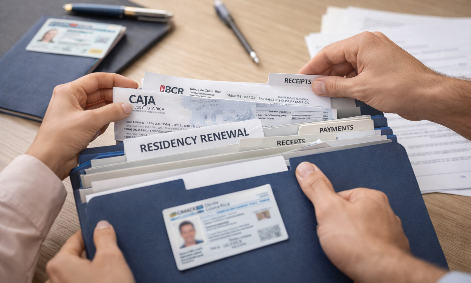 Close-up of hands organizing a residency renewal folder with Caja proof and payment receipts in Costa Rica.