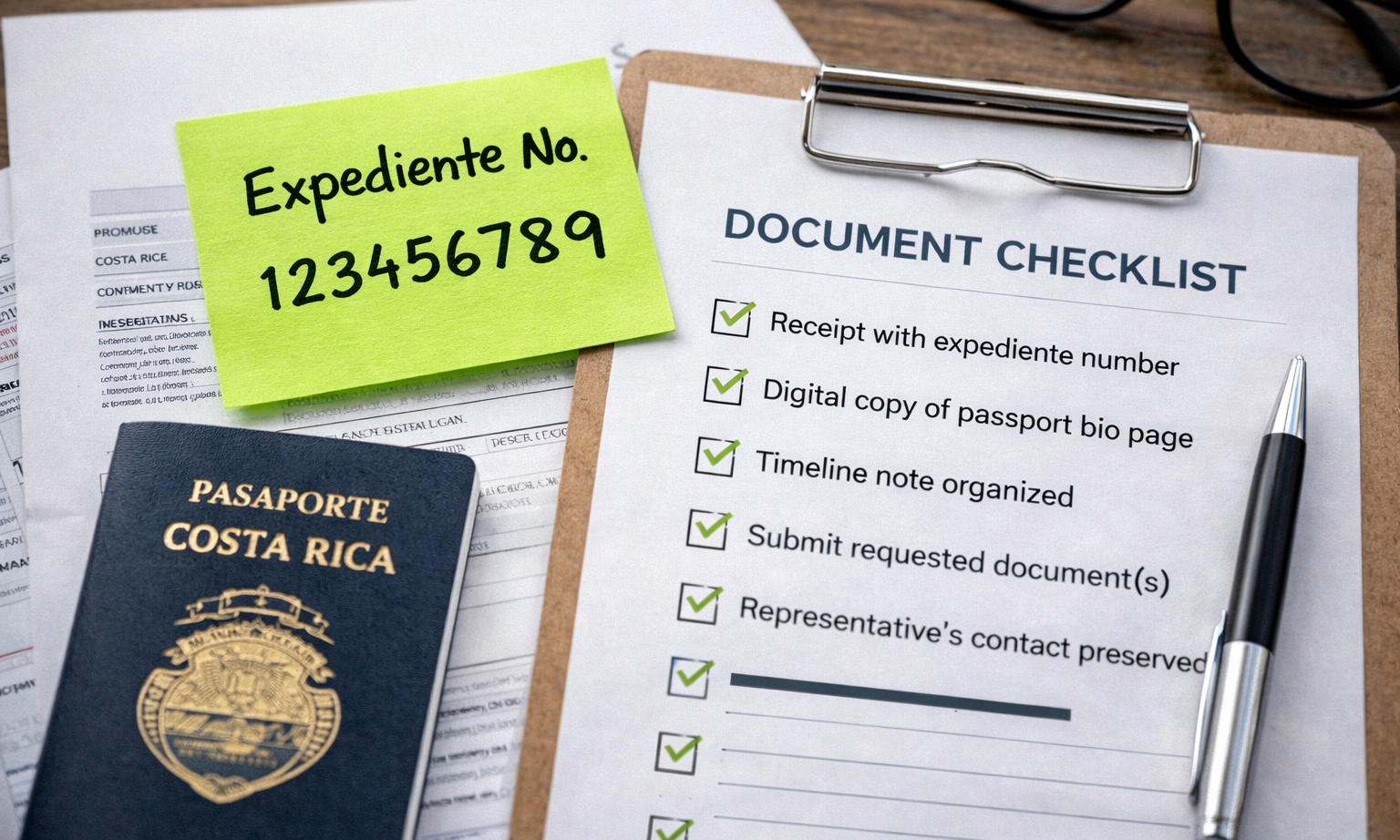 Organized immigration paperwork with an expediente number note and a checklist, representing preparing the right information before checking status.