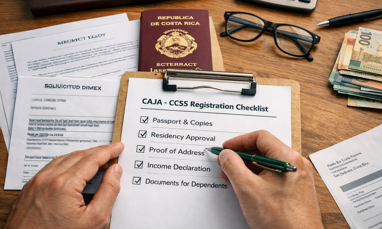 Person reviewing a Caja (CCSS) registration checklist in Costa Rica with residency approval documents on a desk.