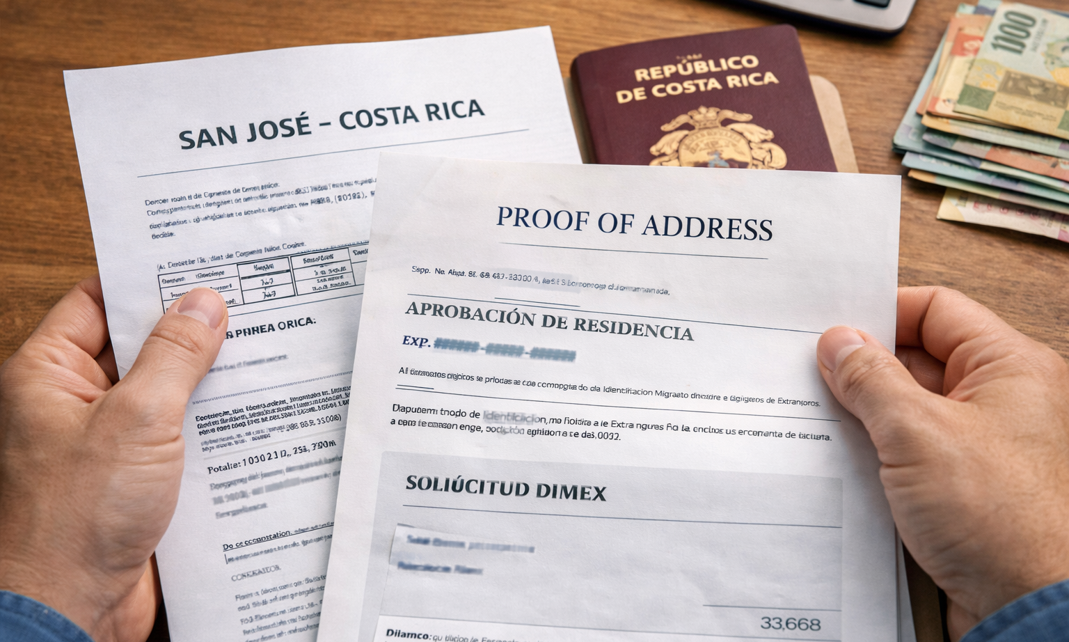 Hands holding proof of address and residency approval documents in Costa Rica, representing what is needed for Caja registration.