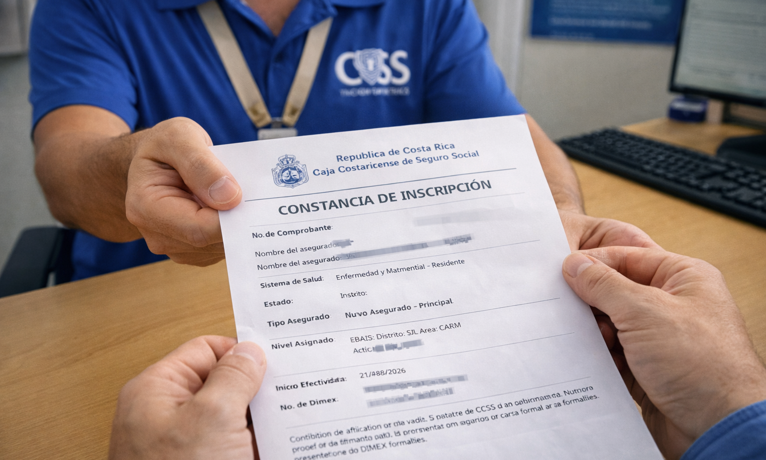 CCSS staff member handing a registration confirmation document to a resident in Costa Rica, representing proof of Caja affiliation.