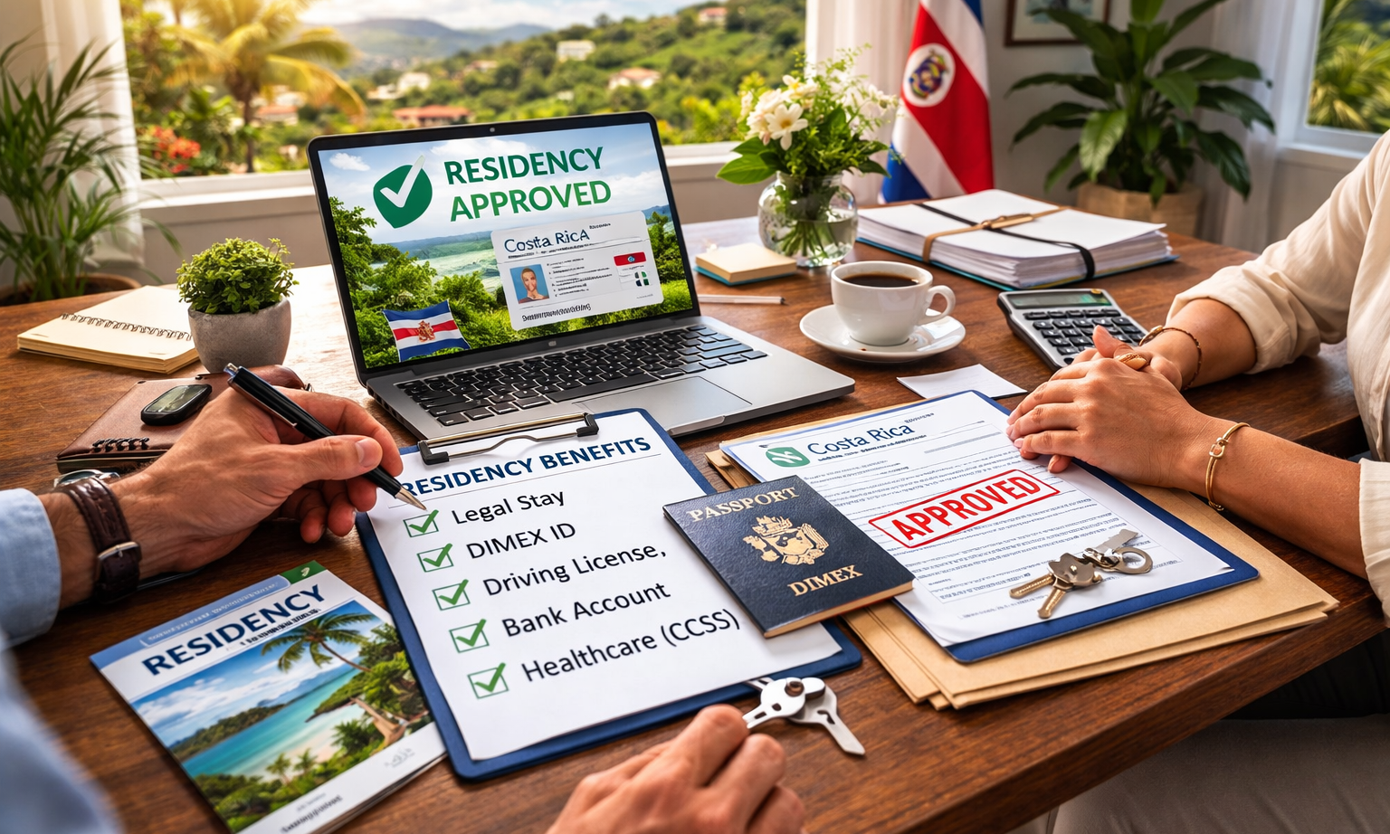 Clients reviewing Costa Rica residency paperwork in a bright Costa Rica office, representing the stability benefits of legal residency.