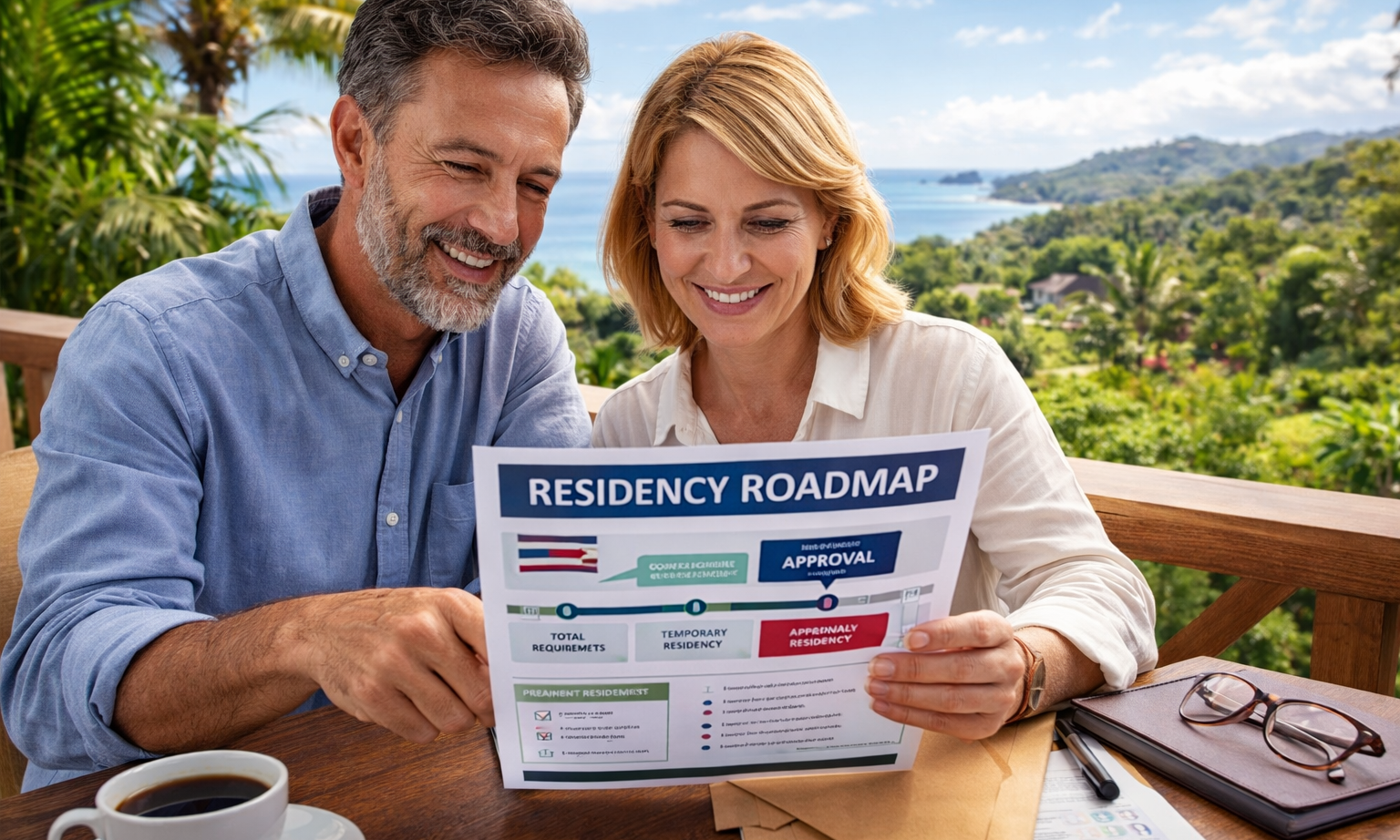 Couple in Costa Rica reviewing residency planning paperwork outdoors, representing practical lifestyle benefits of legal residency.