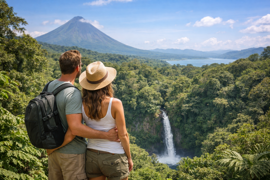 couple enjoying a scenic Costa Rica viewpoint with a volcano, rainforest, waterfall, and lake in the distance.