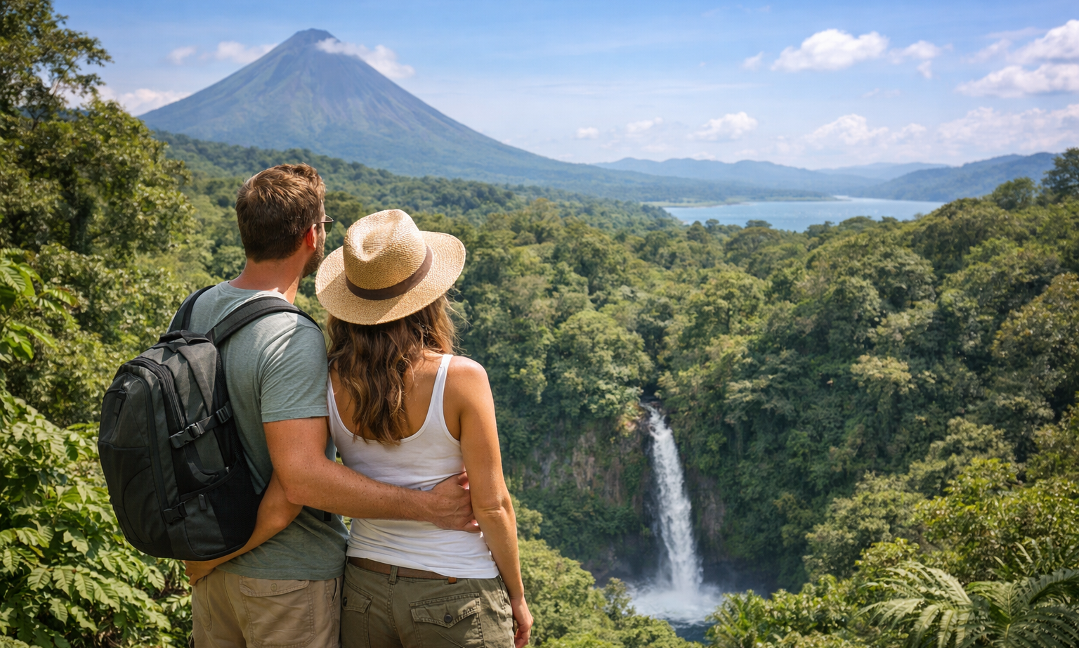 couple enjoying a scenic Costa Rica viewpoint with a volcano, rainforest, waterfall, and lake in the distance.