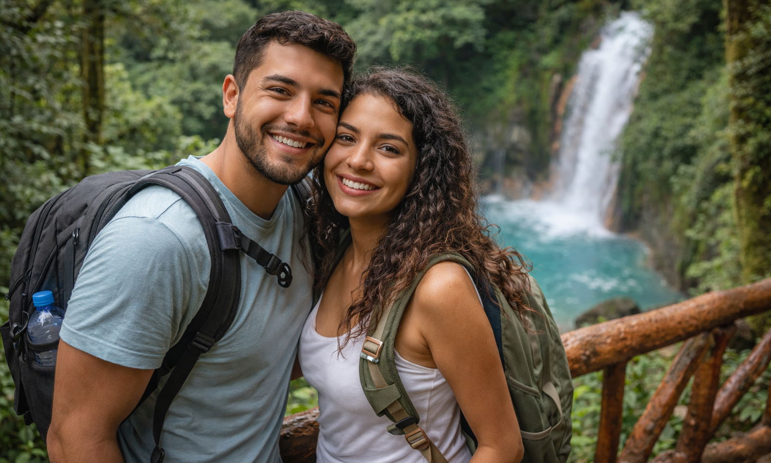 Latino couple smiling near a Costa Rica rainforest waterfall, showing the natural lifestyle many expats enjoy.
